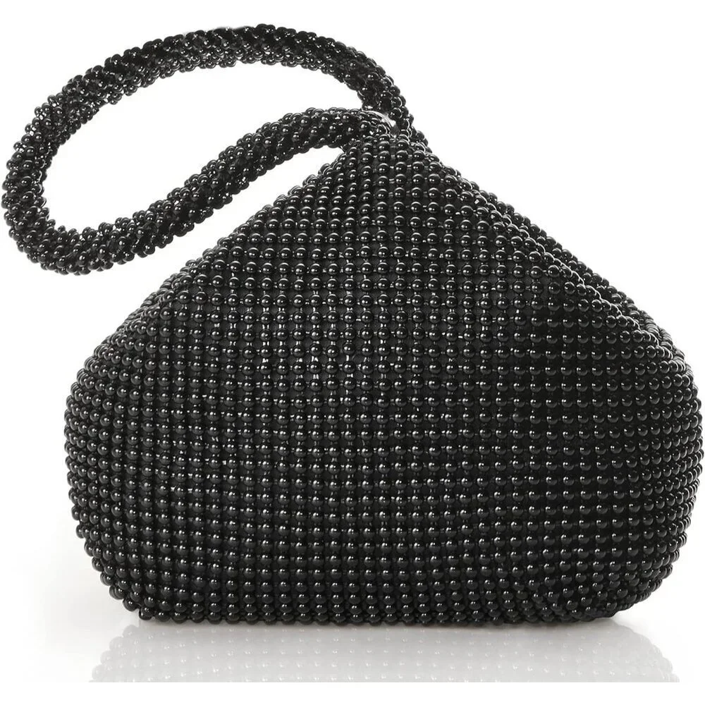 Women's Black Beaded Evening Vintage Elegant Triangle Imported Clutch Purse